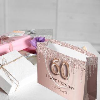 Rose gold glitter drips 60th birthday large gift bag