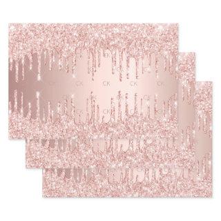 Rose gold glitter drips pink sparkle glam monogram  sheets