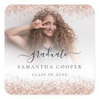 Rose Gold Glitter Grad Photo Name Class of Year Square Sticker
