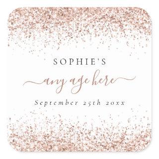 Rose Gold Glitter Name Date Any Age Birthday Square Sticker