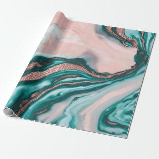 Rose Gold Glitter Pink Teal Swirly Painted Marble