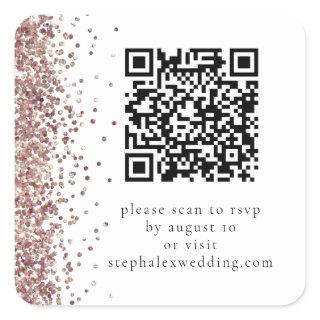 Rose Gold Glitter QR code to RSVP Wedding Square Sticker