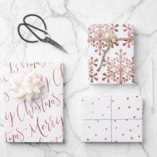 Rose Gold Merry Christmas Script Snowflakes Star  Sheets