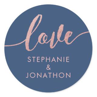 Rose Gold & Moody Navy Blue Personalized Wedding Classic Round Sticker