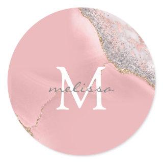 Rose Gold Pink Girly Monogram Name Marble Glitter  Classic Round Sticker