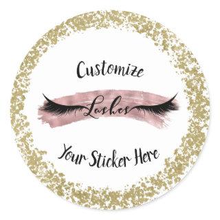 Rose Gold Pink Paint Stroke Glam Makeup Eyelashes Classic Round Sticker