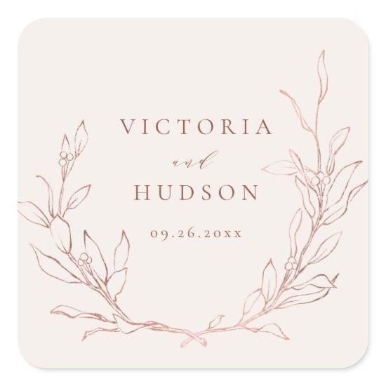 Rose gold simple elegant botanical wreath wedding square sticker