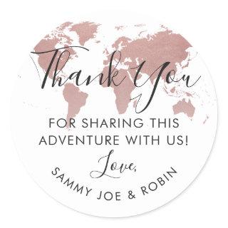 Rose Gold World Map Travel Theme Thank You Favor Classic Round Sticker