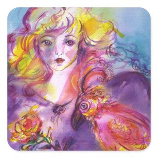 ROSINA /Young Girl with Rose and Parrot Square Sticker