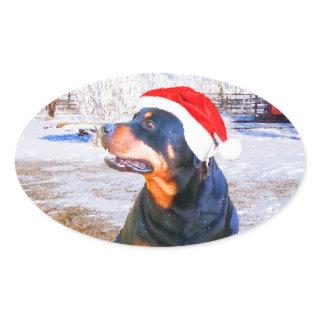 Rottweiler Dog Christmas Painting Oval Sticker