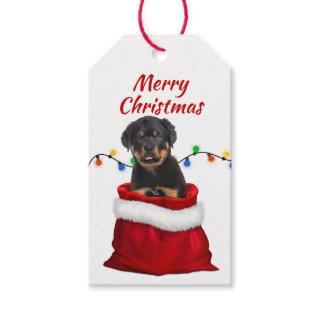 Rottweiler Puppy in Santa Bag Gift Tags