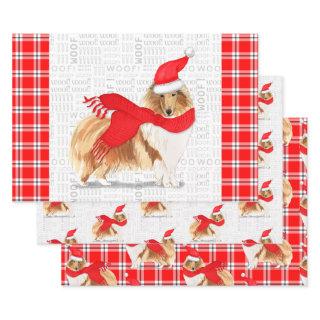 Rough Collie Christmas Dog and Red Holiday Plaid  Sheets