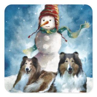 Rough Collie with Snowman Christmas Square Sticker