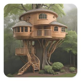 Round tree house square sticker