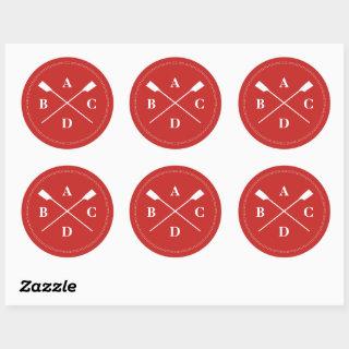 Rowing crossed oars monogram red classic round sticker