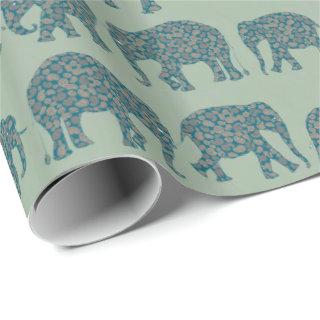 Rows of Paisley Elephants on Sage Green Giftwrap