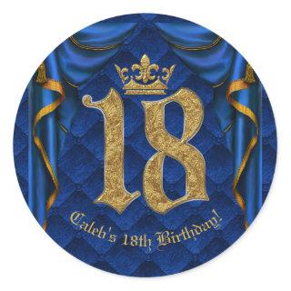 Royal Blue & Gold Crown 18 18th Birthday Party   Classic Round Sticker