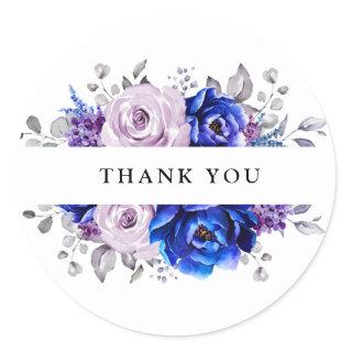 Royal Blue Lilac Purple Floral Thank you Classic Round Sticker