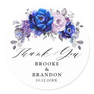 Royal Blue Lilac Purple Floral Wedding Thank You Classic Round Sticker