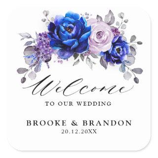 Royal Blue Lilac Purple Floral Wedding Welcome Square Sticker