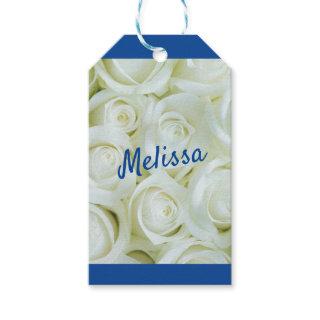 Royal Blue Trendy Script Custom Text | White Roses Gift Tags
