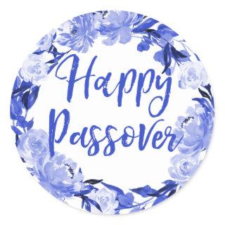 Royal Blue Watercolor Floral Happy Passover Classic Round Sticker
