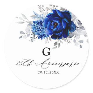 Royal Blue White Metallic Silver Floral Wedding Cl Classic Round Sticker