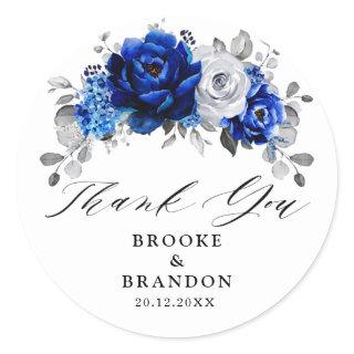 Royal Blue White Metallic Silver Floral Wedding Classic Round Sticker
