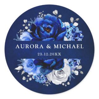 Royal Blue White Silver Metallic Floral Wedding Cl Classic Round Sticker