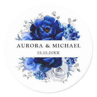 Royal Blue White Silver Metallic Floral Wedding Classic Round Sticker