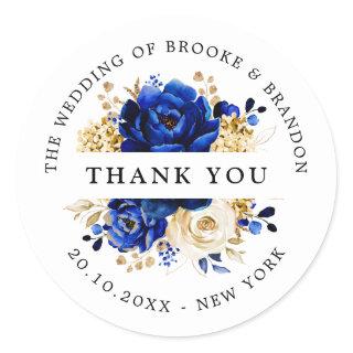 Royal Blue Yellow Gold Metallic Floral Thank you Classic Round Sticker