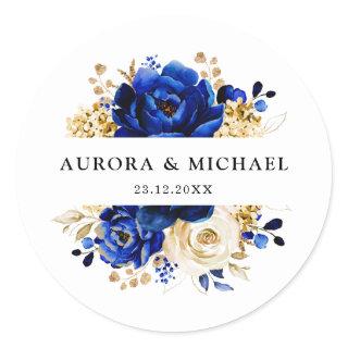 Royal Blue Yellow Gold Metallic Floral Wedding Classic Round Sticker