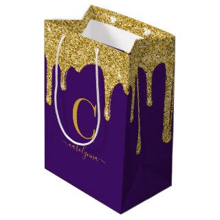 Royal Purple Gold Sparkle Glitter Drips Monogram Medium Gift Bag