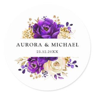 Royal Purple Violet Gold Floral Botanical Wedding  Classic Round Sticker