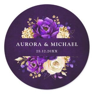 Royal Purple Violet Gold Floral Botanical Wedding  Classic Round Sticker