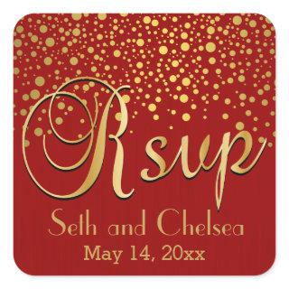 RSVP Gold Dots and Red | Personalize Square Sticker