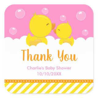 Rubber Ducky Baby Shower Yellow Pink Thank You Square Sticker