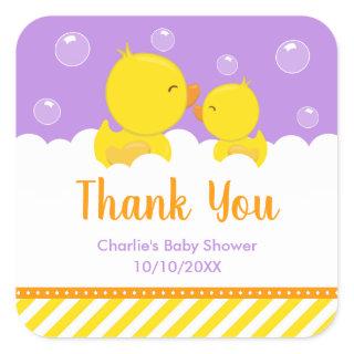 Rubber Ducky Baby Shower Yellow Purple Thank You Square Sticker