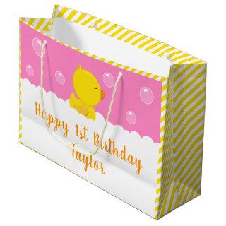 Rubber Ducky Yellow and Pink Happy Birthday Large Gift Bag