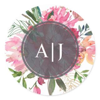 Ruby Pink Peony Floral Botanical Monogram Classic Round Sticker