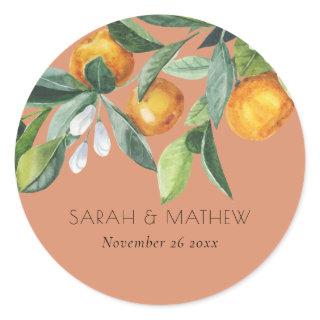 Rust Elegant Citrus Orange Botanical Boho Wedding Classic Round Sticker