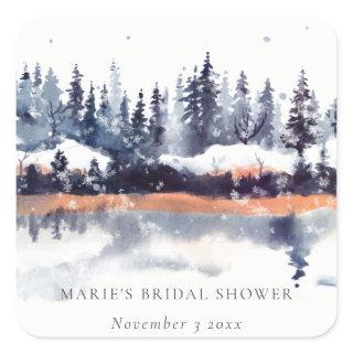 Rust Navy Winter Pine Forest Snow Bridal Shower Square Sticker