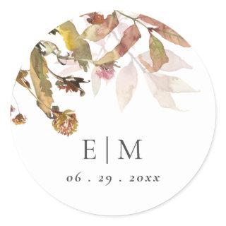 Rust Orange Fall Tree Leaves Monogram Wedding Classic Round Sticker