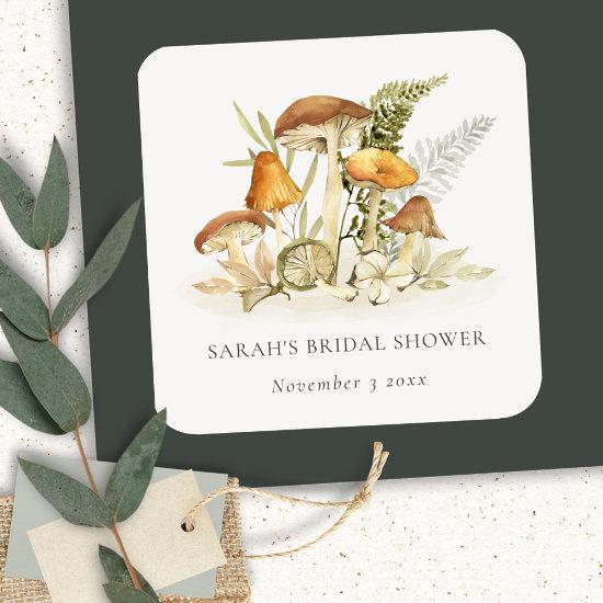 Rust Orange Mushroom Fern Foliage Bridal Shower Square Sticker