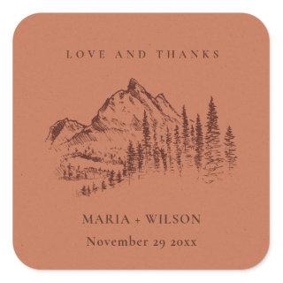Rust Orange Pine Woods Mountain Sketch Wedding Square Sticker