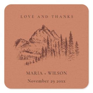 Rust Orange Pine Woods Mountain Sketch Wedding Square Sticker