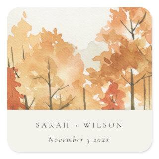 Rust Orange Yellow Autumn Fall Tree Wedding Square Sticker