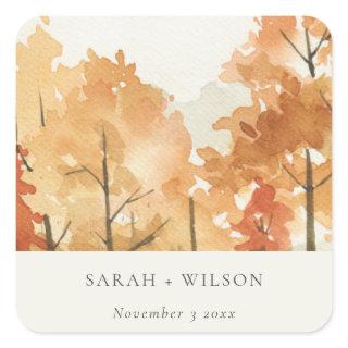 Rust Orange Yellow Autumn Fall Tree Wedding Square Sticker