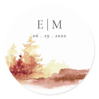 Rust Orange Yellow Fall Trees Monogram Wedding Classic Round Sticker