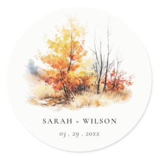 Rust Yellow Autumn Fall Landscape Plaid Wedding Classic Round Sticker